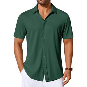 imageCOOFANDY Mens Casual Button Down Shirts Short Sleeve Wrinkle Free Shirt Untucked Summer Stretch Dress ShirtEvergreen