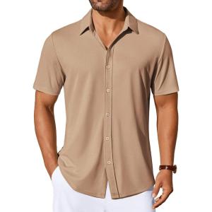 imageCOOFANDY Mens Casual Button Down Shirts Short Sleeve Wrinkle Free Shirt Untucked Summer Stretch Dress ShirtKhaki