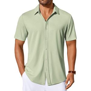 imageCOOFANDY Mens Casual Button Down Shirts Short Sleeve Wrinkle Free Shirt Untucked Summer Stretch Dress ShirtLight Green