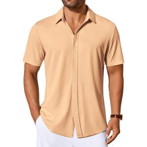 imageCOOFANDY Mens Casual Button Down Shirts Short Sleeve Wrinkle Free Shirt Untucked Summer Stretch Dress ShirtLight Tan