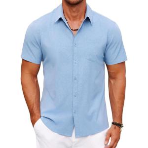 imageCOOFANDY Mens Short Sleeve Button Down Shirt Casual Summer Beach Shirts Vacation Wedding Shirt with PocketBlue