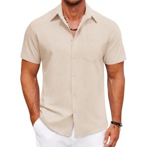 imageCOOFANDY Mens Short Sleeve Button Down Shirt Casual Summer Beach Shirts Vacation Wedding Shirt with PocketCream