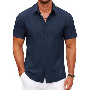 imageCOOFANDY Mens Short Sleeve Button Down Shirt Casual Summer Beach Shirts Vacation Wedding Shirt with PocketIndigo