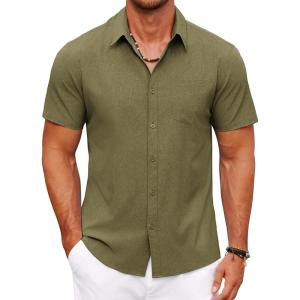 imageCOOFANDY Mens Short Sleeve Button Down Shirt Casual Summer Beach Shirts Vacation Wedding Shirt with PocketOlive Drab