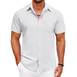 imageCOOFANDY Mens Short Sleeve Button Down Shirt Casual Summer Beach Shirts Vacation Wedding Shirt with PocketWhite