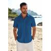 imageCOOFANDY Mens Casual Linen Shirt Short Sleeve Button Down Shirt Summer Beach Shirts with PocketDark Blue