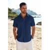 imageCOOFANDY Mens Casual Linen Shirt Short Sleeve Button Down Shirt Summer Beach Shirts with PocketNavy Blue