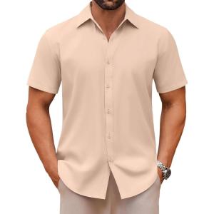 imageCOOFANDY Mens Casual Button Down Shirts Short Sleeve Summer Untucked Dress ShirtsKhaki