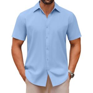 imageCOOFANDY Mens Casual Button Down Shirts Short Sleeve Summer Untucked Dress ShirtsLight Blue