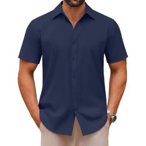 imageCOOFANDY Mens Casual Button Down Shirts Short Sleeve Summer Untucked Dress ShirtsNavy Blue