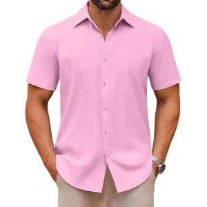 imageCOOFANDY Mens Casual Button Down Shirts Short Sleeve Summer Untucked Dress ShirtsPink