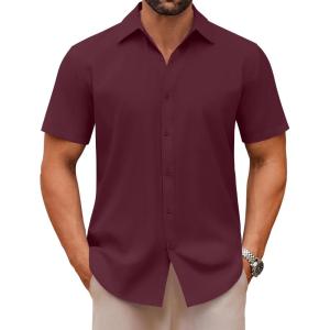 imageCOOFANDY Mens Casual Button Down Shirts Short Sleeve Summer Untucked Dress ShirtsWine Red