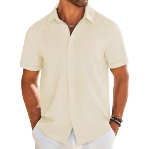 imageCOOFANDY Mens Casual Linen Shirt Short Sleeve Button Down Shirt Summer Beach Shirts with PocketBeige