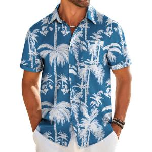 imageCOOFANDY Mens Casual Linen Shirt Short Sleeve Button Down Shirt Summer Beach Shirts with PocketBluecoconut Tree