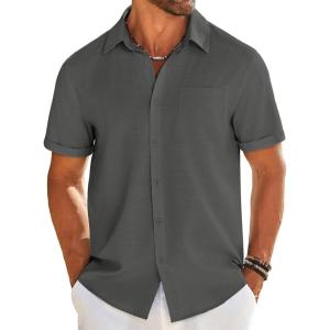 imageCOOFANDY Mens Casual Linen Shirt Short Sleeve Button Down Shirt Summer Beach Shirts with PocketDark Grey