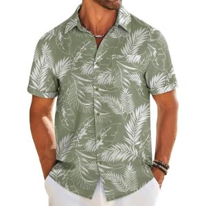 imageCOOFANDY Mens Casual Linen Shirt Short Sleeve Button Down Shirt Summer Beach Shirts with PocketGreenwhite Leaves