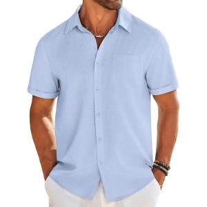 imageCOOFANDY Mens Casual Linen Shirt Short Sleeve Button Down Shirt Summer Beach Shirts with PocketLight Blue