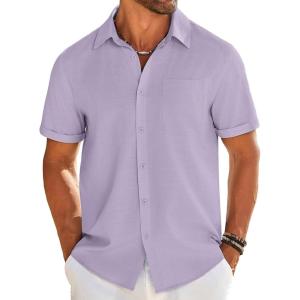imageCOOFANDY Mens Casual Linen Shirt Short Sleeve Button Down Shirt Summer Beach Shirts with PocketLight Purple