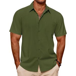 imageCOOFANDY Mens Casual Short Sleeve Shirts Summer Beach Shirt Button Down Textured Shirts Vacation Hawaiian ShirtsArmy Green