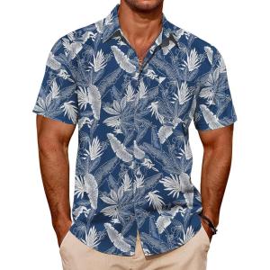 imageCOOFANDY Mens Casual Short Sleeve Shirts Summer Beach Shirt Button Down Textured Shirts Vacation Hawaiian ShirtsBlue Palm Leaves