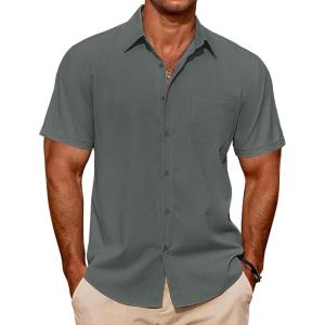 imageCOOFANDY Mens Casual Short Sleeve Shirts Summer Beach Shirt Button Down Textured Shirts Vacation Hawaiian ShirtsDark Gray