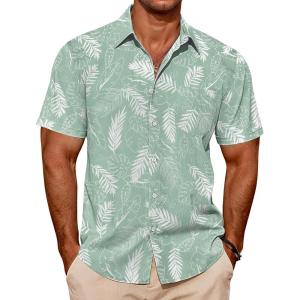 imageCOOFANDY Mens Casual Short Sleeve Shirts Summer Beach Shirt Button Down Textured Shirts Vacation Hawaiian ShirtsGreen Palm Leaves