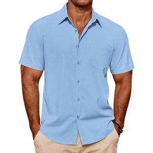 imageCOOFANDY Mens Casual Short Sleeve Shirts Summer Beach Shirt Button Down Textured Shirts Vacation Hawaiian ShirtsLight Blue