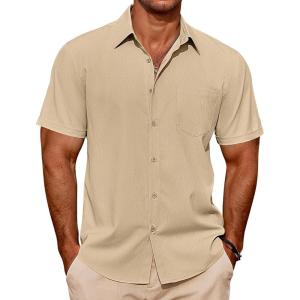imageCOOFANDY Mens Casual Short Sleeve Shirts Summer Beach Shirt Button Down Textured Shirts Vacation Hawaiian ShirtsLight Brown