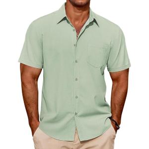 imageCOOFANDY Mens Casual Short Sleeve Shirts Summer Beach Shirt Button Down Textured Shirts Vacation Hawaiian ShirtsLight Green