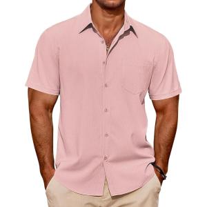 imageCOOFANDY Mens Casual Short Sleeve Shirts Summer Beach Shirt Button Down Textured Shirts Vacation Hawaiian ShirtsLight Pink