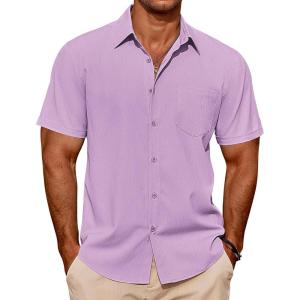 imageCOOFANDY Mens Casual Short Sleeve Shirts Summer Beach Shirt Button Down Textured Shirts Vacation Hawaiian ShirtsLight Purple