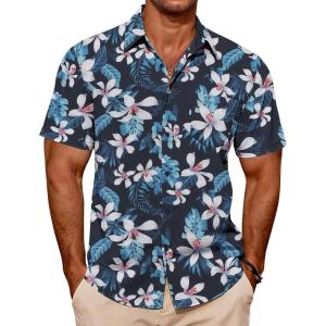 imageCOOFANDY Mens Casual Short Sleeve Shirts Summer Beach Shirt Button Down Textured Shirts Vacation Hawaiian ShirtsNavy Blue Flower