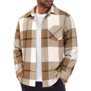 imageCOOFANDY Mens Flannel Shirt Long Sleeve Lightweight Plaid Shirt Casual Button Down Shirts JacketLight Khaki