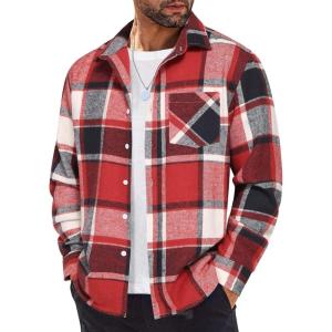imageCOOFANDY Mens Flannel Shirt Long Sleeve Lightweight Plaid Shirt Casual Button Down Shirts JacketRed