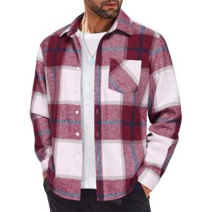 imageCOOFANDY Mens Flannel Shirt Long Sleeve Lightweight Plaid Shirt Casual Button Down Shirts JacketRed White
