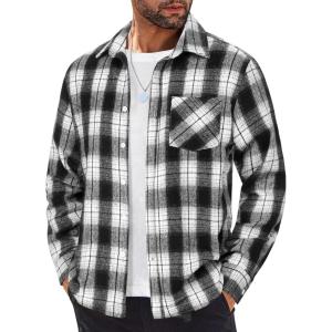 imageCOOFANDY Mens Flannel Shirt Long Sleeve Lightweight Plaid Shirt Casual Button Down Shirts JacketWhite Black