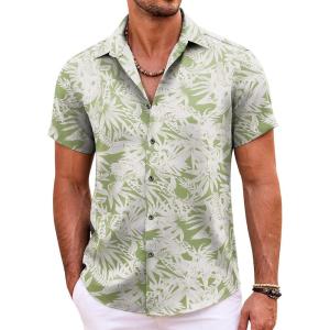 imageCOOFANDY Mens Hawaiian Shirts Short Sleeve Floral Button Down Beach Summer Tropical ShirtLight Green Leaf