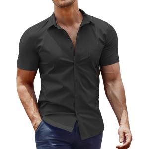 imageCOOFANDY Mens Muscle Fit Dress Shirt Short Sleeve Button Down Shirts with Pocket01 Black