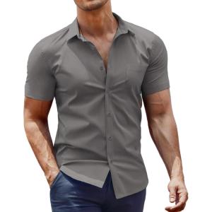 imageCOOFANDY Mens Muscle Fit Dress Shirt Short Sleeve Button Down Shirts with PocketDark Grey