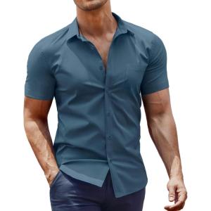 imageCOOFANDY Mens Muscle Fit Dress Shirt Short Sleeve Button Down Shirts with PocketGrey Blue