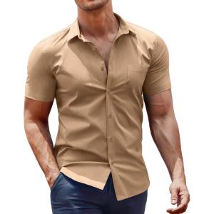 imageCOOFANDY Mens Muscle Fit Dress Shirt Short Sleeve Button Down Shirts with PocketKhaki