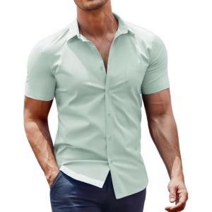 imageCOOFANDY Mens Muscle Fit Dress Shirt Short Sleeve Button Down Shirts with PocketLight Green