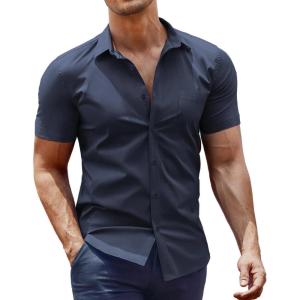 imageCOOFANDY Mens Muscle Fit Dress Shirt Short Sleeve Button Down Shirts with PocketNavy Blue