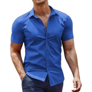 imageCOOFANDY Mens Muscle Fit Dress Shirt Short Sleeve Button Down Shirts with PocketRoyal Blue