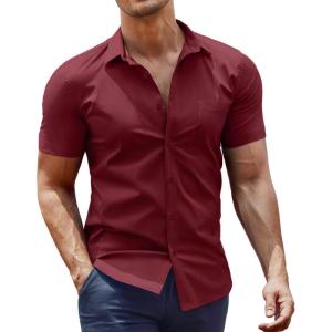 imageCOOFANDY Mens Muscle Fit Dress Shirt Short Sleeve Button Down Shirts with PocketWine Red