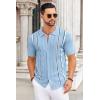 imageCOOFANDY Knit Shirts for Men Casual Short Sleeve Button Down Shirts Summer Beach Stretch Fit Collared ShirtsBlue