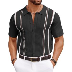 imageCOOFANDY Knit Shirts for Men Casual Short Sleeve Button Down Shirts Summer Beach Stretch Fit Collared ShirtsBlack