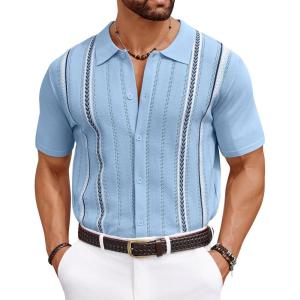 imageCOOFANDY Knit Shirts for Men Casual Short Sleeve Button Down Shirts Summer Beach Stretch Fit Collared ShirtsBlue