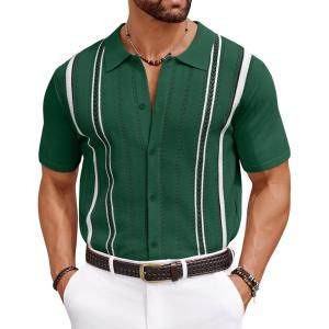 imageCOOFANDY Knit Shirts for Men Casual Short Sleeve Button Down Shirts Summer Beach Stretch Fit Collared ShirtsDark Green