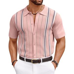 imageCOOFANDY Knit Shirts for Men Casual Short Sleeve Button Down Shirts Summer Beach Stretch Fit Collared ShirtsDusty Rose